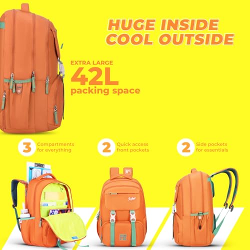 Skybags Sonic Pro 01 Hot Box 42 Liters Casual Backpack for Boys & Girls | Premium Polyester Fabric with Multiple Compartments and Rain Cover | Adjustable Shoulder Strap - Unisex (Apricot Orange) - Image 4