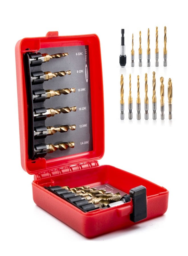 HIDOTOL Titanium Combination Drill and Tap Bits Set with Quick Change Adapter, 13 PC SAE/Metric Screw Taps, 3-in-1 Bit Tool for Drilling, Tapping and Countersinking - Image 1