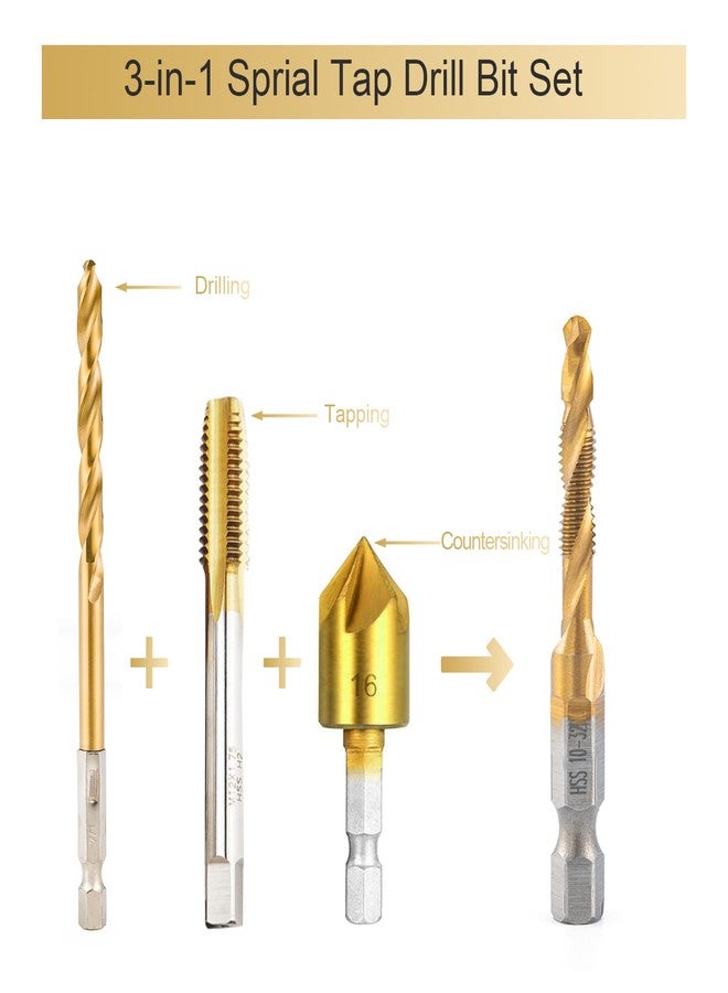 HIDOTOL Titanium Combination Drill and Tap Bits Set with Quick Change Adapter, 13 PC SAE/Metric Screw Taps, 3-in-1 Bit Tool for Drilling, Tapping and Countersinking - Image 3