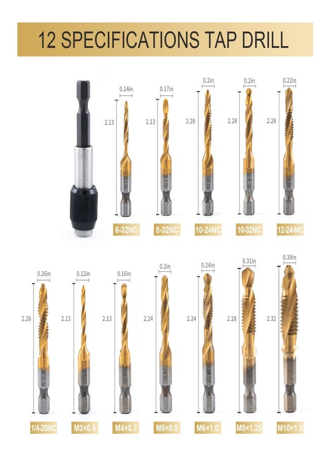 HIDOTOL Titanium Combination Drill and Tap Bits Set with Quick Change Adapter, 13 PC SAE/Metric Screw Taps, 3-in-1 Bit Tool for Drilling, Tapping and Countersinking - Image 2
