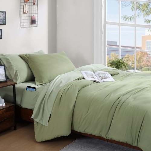 WRENSONGE Twin Comforter Set- 5 Pieces Sage Green Bed in a Bag, All Season Twin XL Bedding Sets with 1 Fitted Sheet, 1 Flat Sheet, 1 Pillow Sham and 1 Pillowcase - Image 2