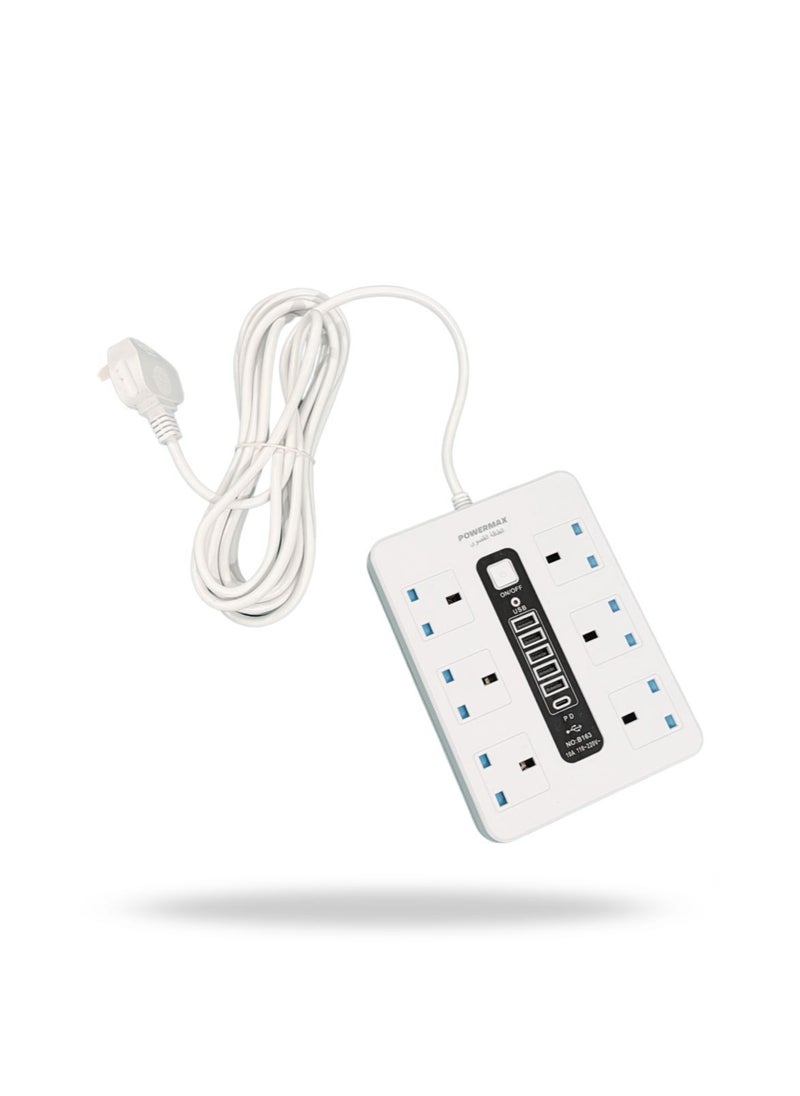 باور ماكس - كابل تمديد شريط الطاقة بـ 6 مآخذ مع 5 منافذ USB (10A) - 2500 واط 110 فولت-220 فولت عالمي، مفتاح رئيسي وحماية من الحمل الزائد، كابل ثقيل 5 متر، تصميم مستطيل (أبيض/أسود) - Image 1