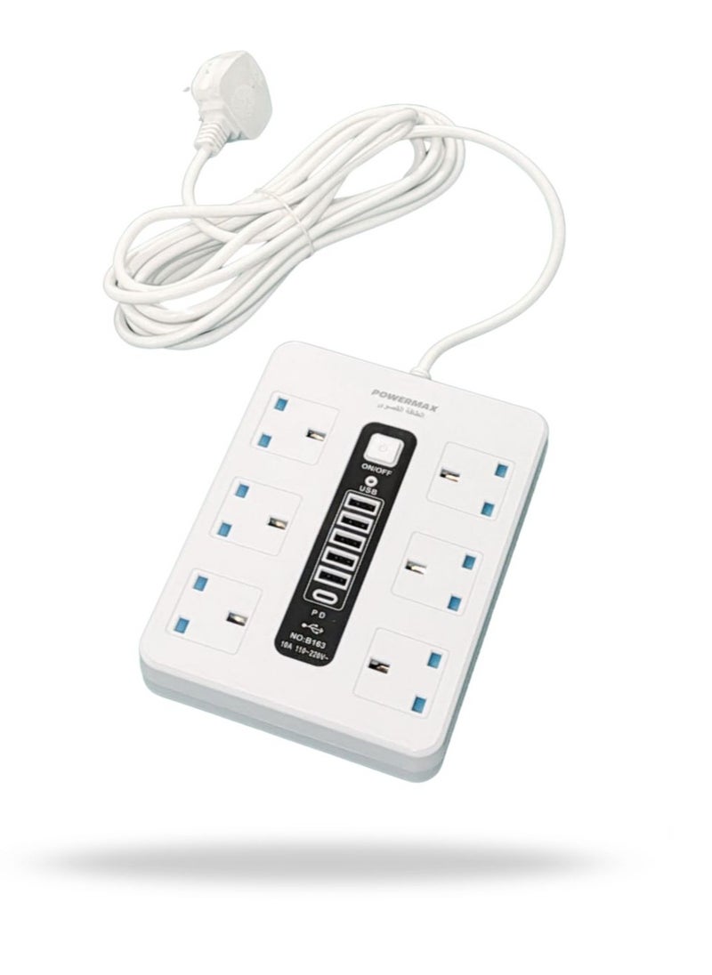 باور ماكس - كابل تمديد شريط الطاقة بـ 6 مآخذ مع 5 منافذ USB (10A) - 2500 واط 110 فولت-220 فولت عالمي، مفتاح رئيسي وحماية من الحمل الزائد، كابل ثقيل 5 متر، تصميم مستطيل (أبيض/أسود) - Image 1