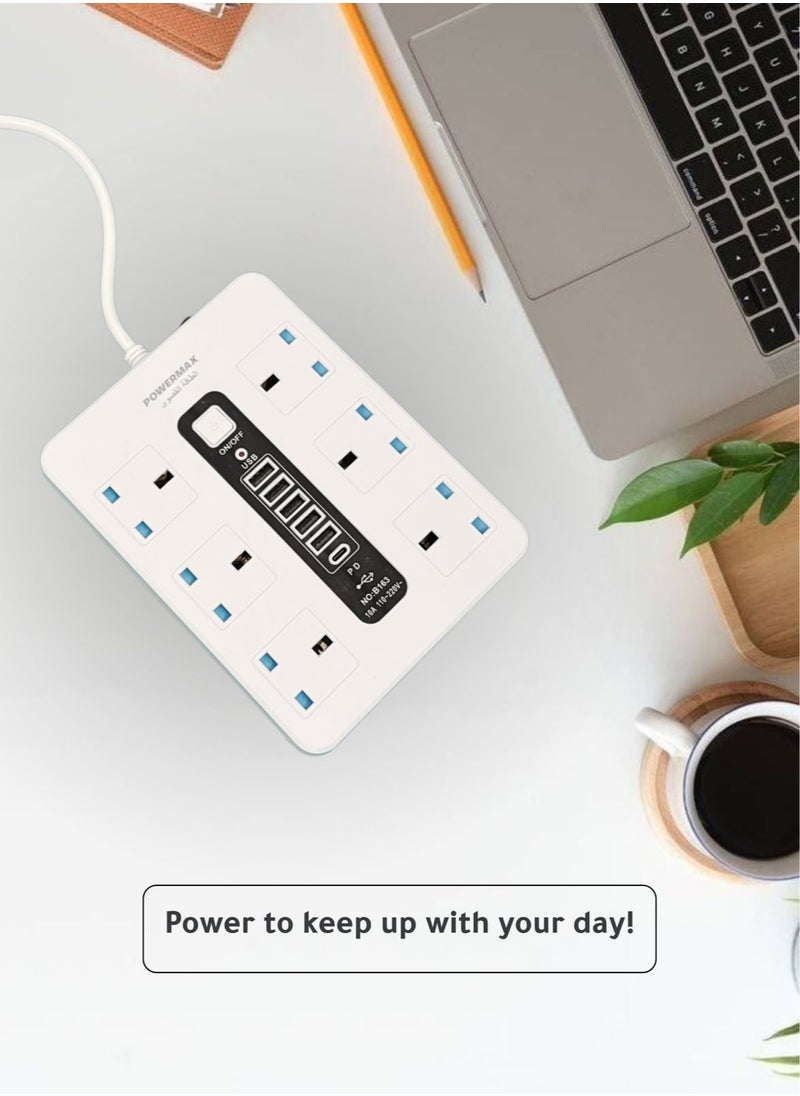 باور ماكس - كابل تمديد شريط الطاقة بـ 6 مآخذ مع 5 منافذ USB (10A) - 2500 واط 110 فولت-220 فولت عالمي، مفتاح رئيسي وحماية من الحمل الزائد، كابل ثقيل 5 متر، تصميم مستطيل (أبيض/أسود) - Image 1