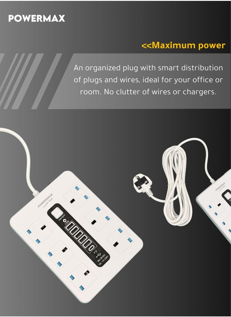 باور ماكس - كابل تمديد شريط الطاقة بـ 6 مآخذ مع 5 منافذ USB (10A) - 2500 واط 110 فولت-220 فولت عالمي، مفتاح رئيسي وحماية من الحمل الزائد، كابل ثقيل 5 متر، تصميم مستطيل (أبيض/أسود) - Image 1