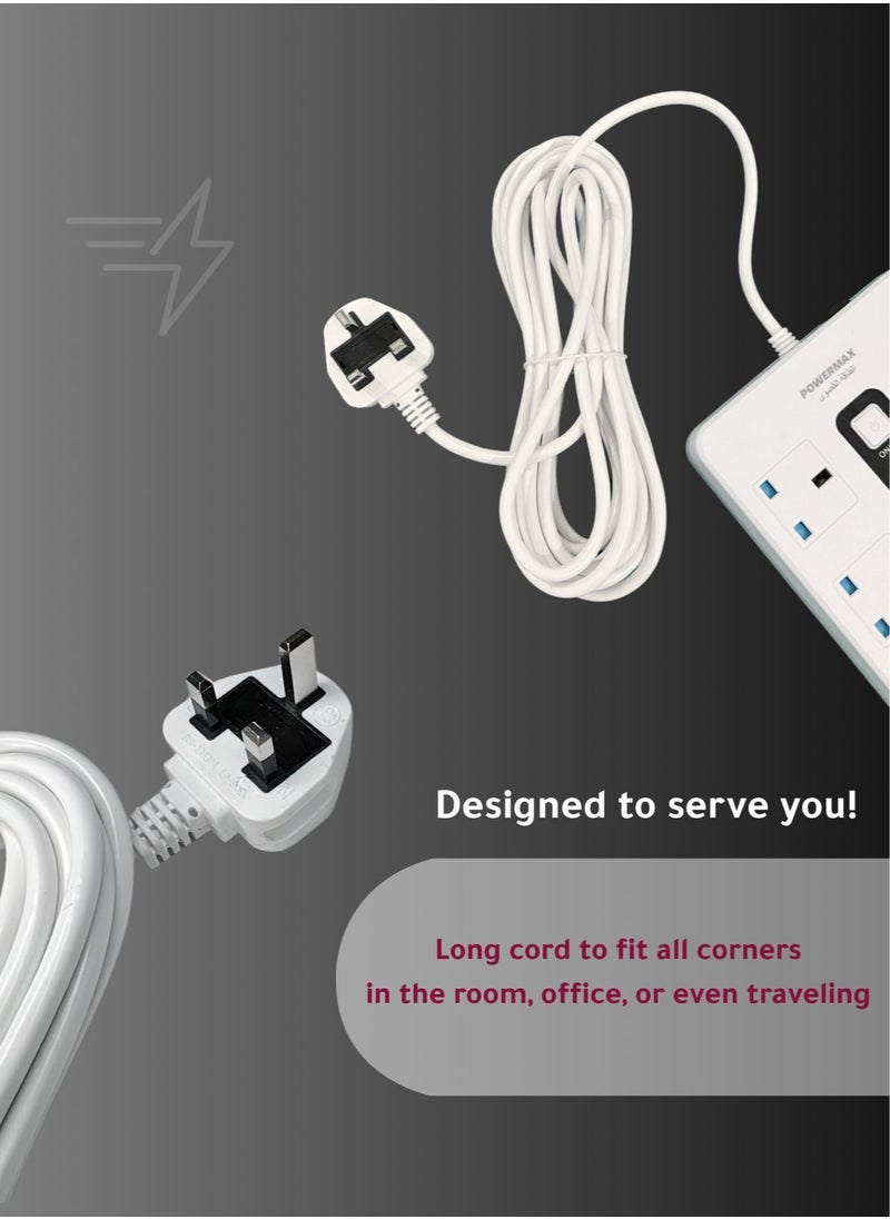 باور ماكس - كابل تمديد شريط الطاقة بـ 6 مآخذ مع 5 منافذ USB (10A) - 2500 واط 110 فولت-220 فولت عالمي، مفتاح رئيسي وحماية من الحمل الزائد، كابل ثقيل 5 متر، تصميم مستطيل (أبيض/أسود) - Image 1