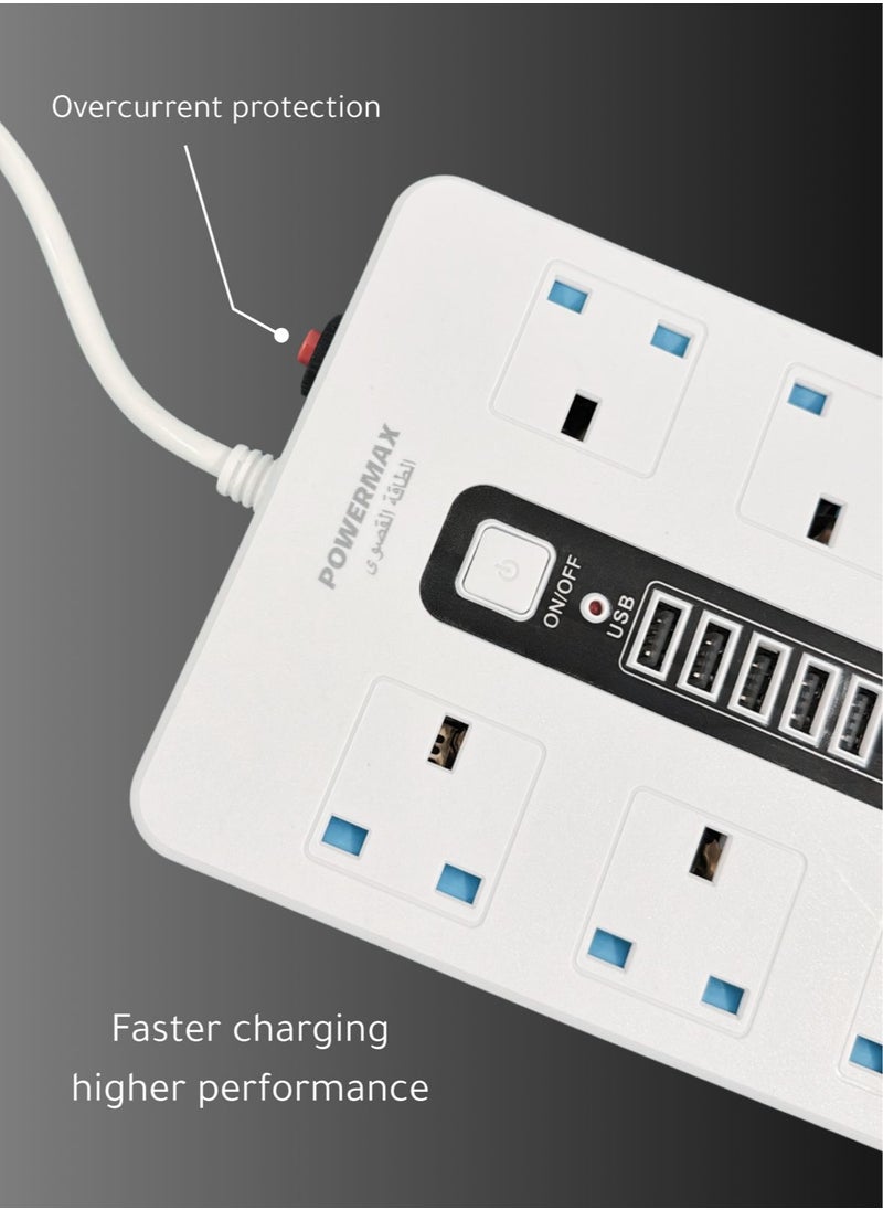 باور ماكس - كابل تمديد شريط الطاقة بـ 6 مآخذ مع 5 منافذ USB (10A) - 2500 واط 110 فولت-220 فولت عالمي، مفتاح رئيسي وحماية من الحمل الزائد، كابل ثقيل 5 متر، تصميم مستطيل (أبيض/أسود) - Image 1