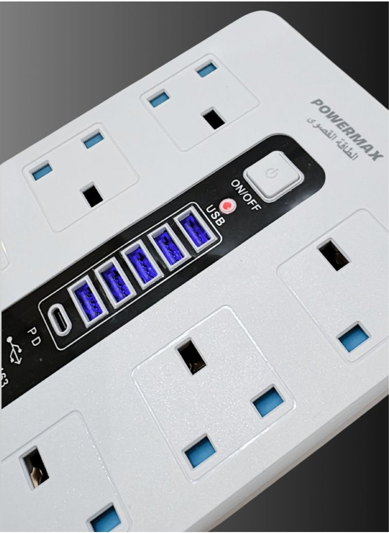 باور ماكس - كابل تمديد شريط الطاقة بـ 6 مآخذ مع 5 منافذ USB (10A) - 2500 واط 110 فولت-220 فولت عالمي، مفتاح رئيسي وحماية من الحمل الزائد، كابل ثقيل 5 متر، تصميم مستطيل (أبيض/أسود) - Image 1