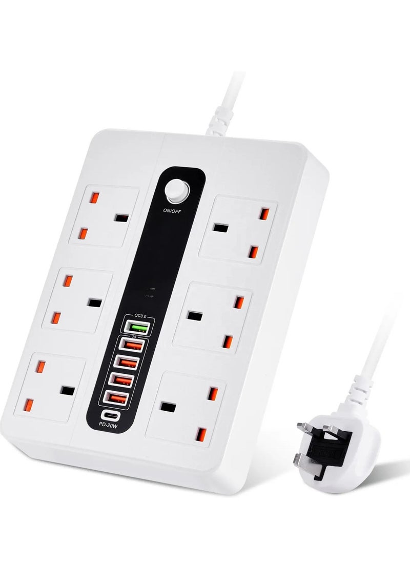 باور ماكس - كابل تمديد شريط الطاقة بـ 6 مآخذ مع 5 منافذ USB (10A) - 2500 واط 110 فولت-220 فولت عالمي، مفتاح رئيسي وحماية من الحمل الزائد، كابل ثقيل 5 متر، تصميم مستطيل (أبيض/أسود) - Image 1