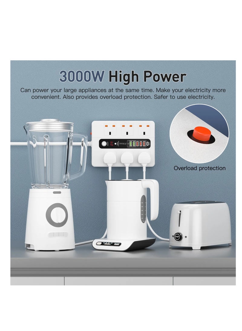 باور ماكس - كابل تمديد شريط الطاقة بـ 6 مآخذ مع 5 منافذ USB (10A) - 2500 واط 110 فولت-220 فولت عالمي، مفتاح رئيسي وحماية من الحمل الزائد، كابل ثقيل 5 متر، تصميم مستطيل (أبيض/أسود) - Image 1