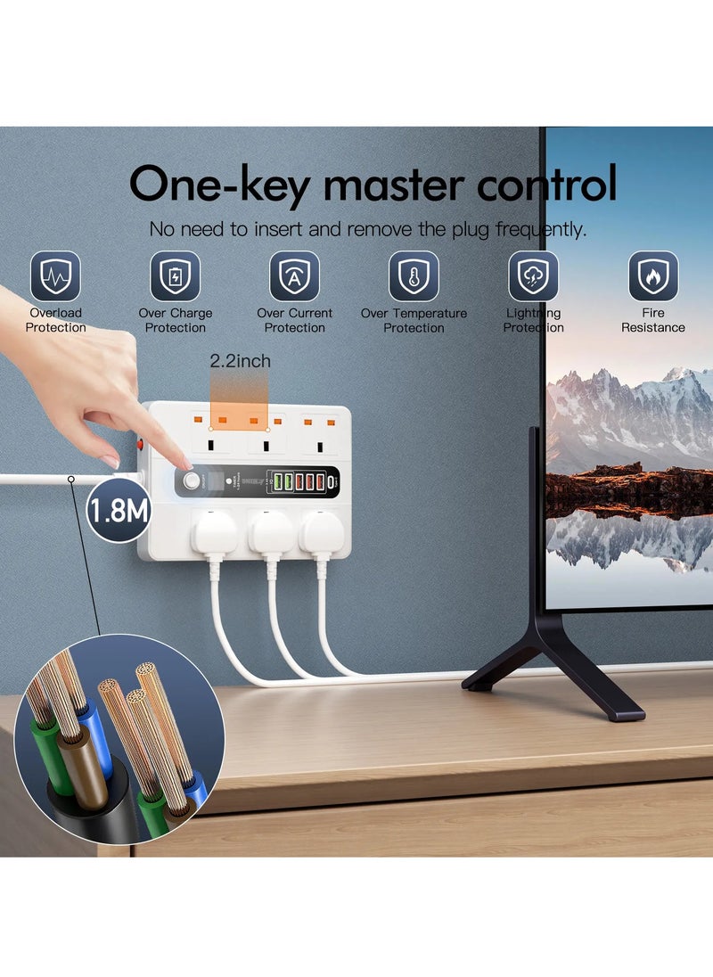 باور ماكس - كابل تمديد شريط الطاقة بـ 6 مآخذ مع 5 منافذ USB (10A) - 2500 واط 110 فولت-220 فولت عالمي، مفتاح رئيسي وحماية من الحمل الزائد، كابل ثقيل 5 متر، تصميم مستطيل (أبيض/أسود) - Image 1