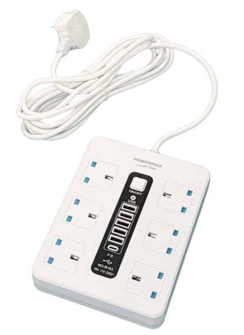 6-Outlet Power Strip Extension Cable with 5 USB Ports (10A) - 2500W 110V-220V Universal, Master Switch & Overload Protection, 5m Heavy Duty Cable, Rectangle Design (White/Black)