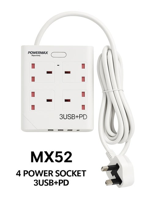 Powermax MX52- Power Socket (Fireproof Material) - 3 USB + PD, 10A, 100-240V, 2500W, 4 x Sockets Combo, 3.0M, Power strips, Extension socket Plug