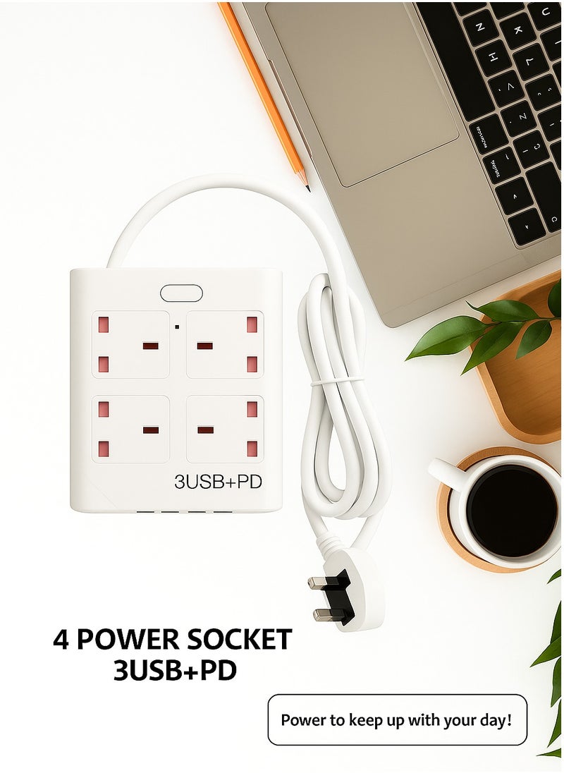 Powermax MX52- Power Socket (Fireproof Material) - 3 USB + PD, 10A, 100-240V, 2500W, 4 x Sockets Combo, 3.0M, Power strips, Extension socket Plug