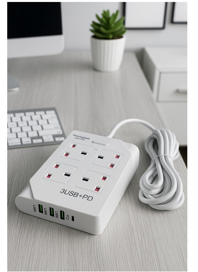 Powermax MX52- Power Socket (Fireproof Material) - 3 USB + PD, 10A, 100-240V, 2500W, 4 x Sockets Combo, 3.0M, Power strips, Extension socket Plug
