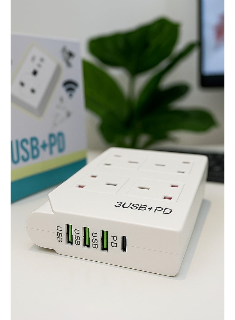PowerMax Powermax 8-in-1 Power Socket Extension Plug – 2500W Power Strip Extension Outlet with 4 Power Socket + 3 USB + 1 PD | 10A, 100-240V | 3M Extension Cord | Fireproof Material – White  - Image 3