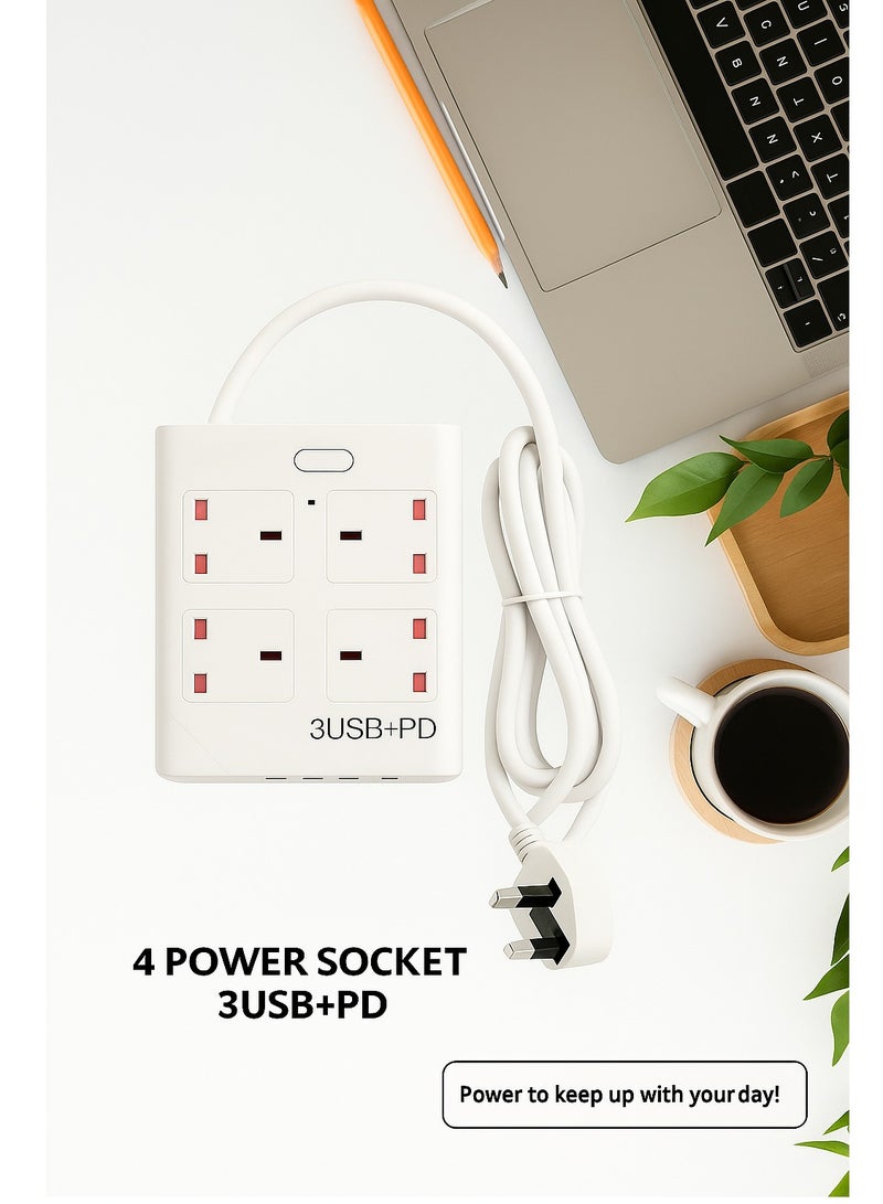 Powermax 8-in-1 Power Socket Extension Plug – 2500W Power Strip Extension Outlet with 4 Power Socket + 3 USB + 1 PD | 10A, 100-240V | 3M Extension Cord | Fireproof Material – White