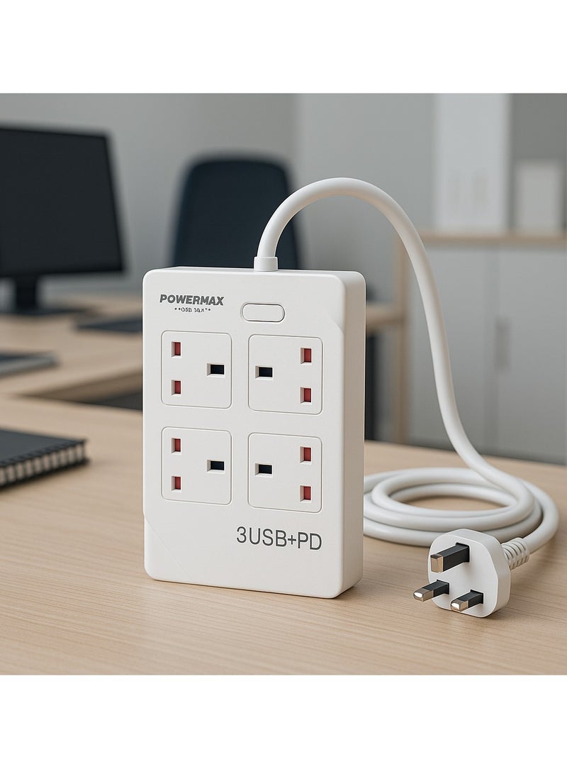 Powermax 8-in-1 Power Socket Extension Plug – 2500W Power Strip Extension Outlet with 4 Power Socket + 3 USB + 1 PD | 10A, 100-240V | 3M Extension Cord | Fireproof Material – White