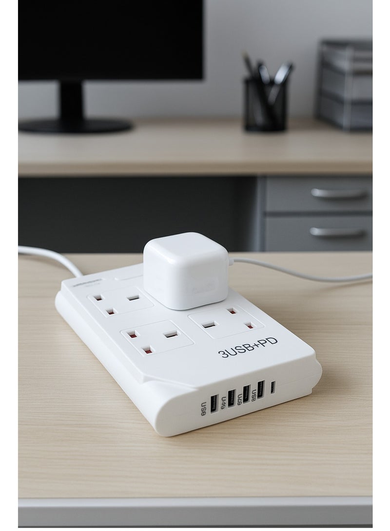 Powermax 8-in-1 Power Socket Extension Plug – 2500W Power Strip Extension Outlet with 4 Power Socket + 3 USB + 1 PD | 10A, 100-240V | 3M Extension Cord | Fireproof Material – White