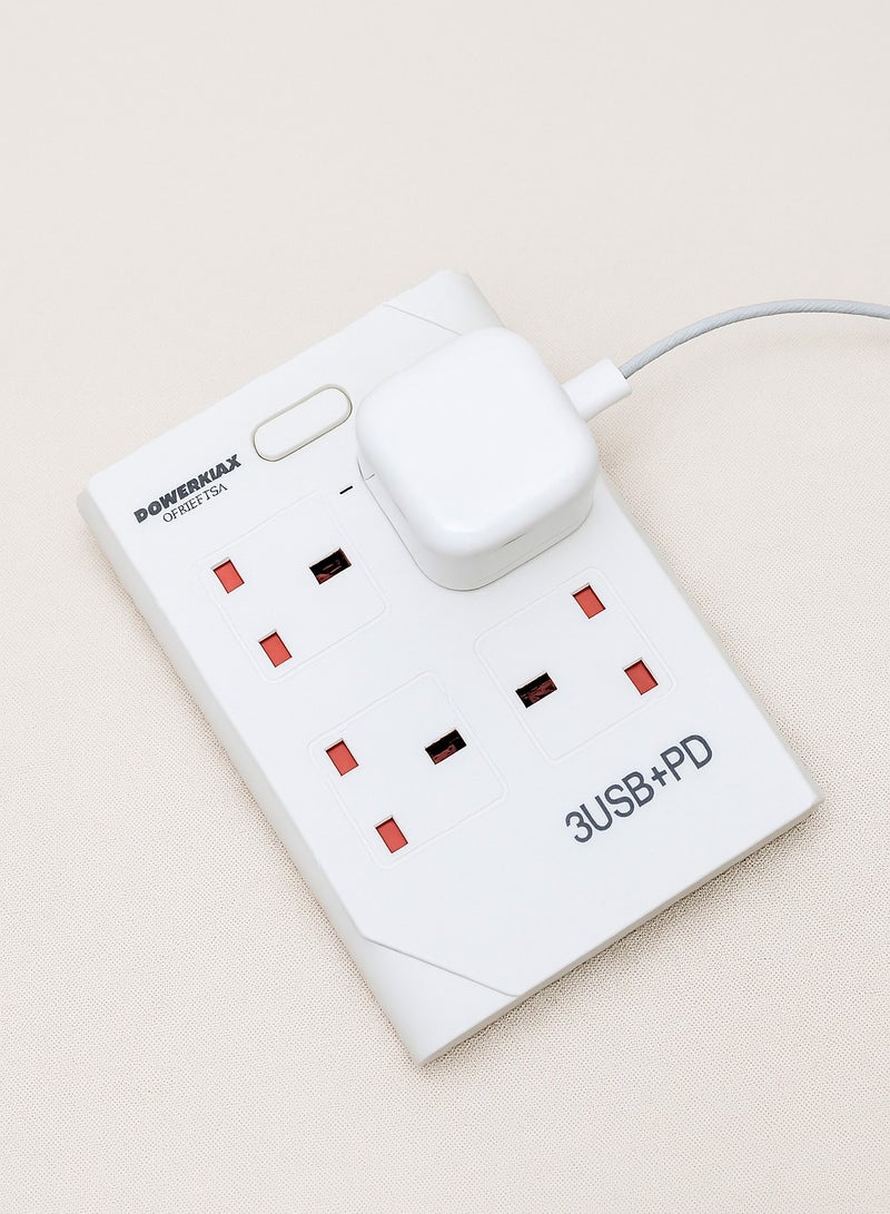Powermax 8-in-1 Power Socket Extension Plug – 2500W Power Strip Extension Outlet with 4 Power Socket + 3 USB + 1 PD | 10A, 100-240V | 3M Extension Cord | Fireproof Material – White