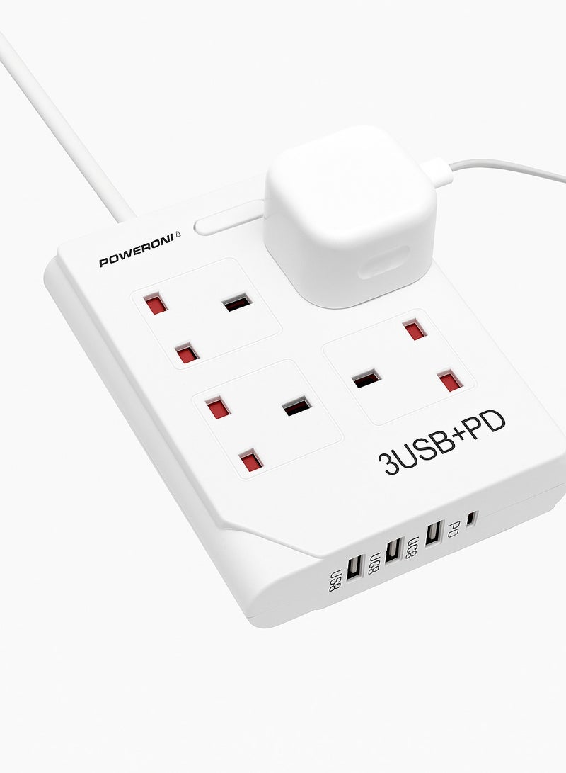 Powermax 8-in-1 Power Socket Extension Plug – 2500W Power Strip Extension Outlet with 4 Power Socket + 3 USB + 1 PD | 10A, 100-240V | 3M Extension Cord | Fireproof Material – White