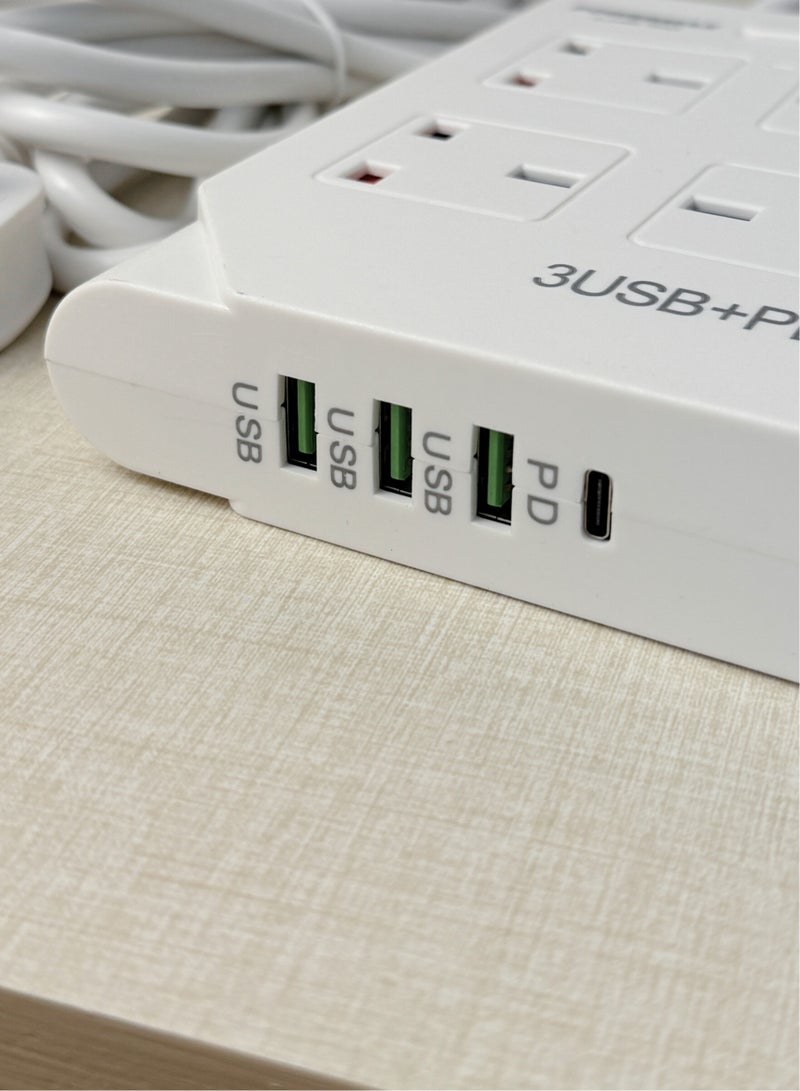 Powermax 8-in-1 Power Socket Extension Plug – 2500W Power Strip Extension Outlet with 4 Power Socket + 3 USB + 1 PD | 10A, 100-240V | 3M Extension Cord | Fireproof Material – White
