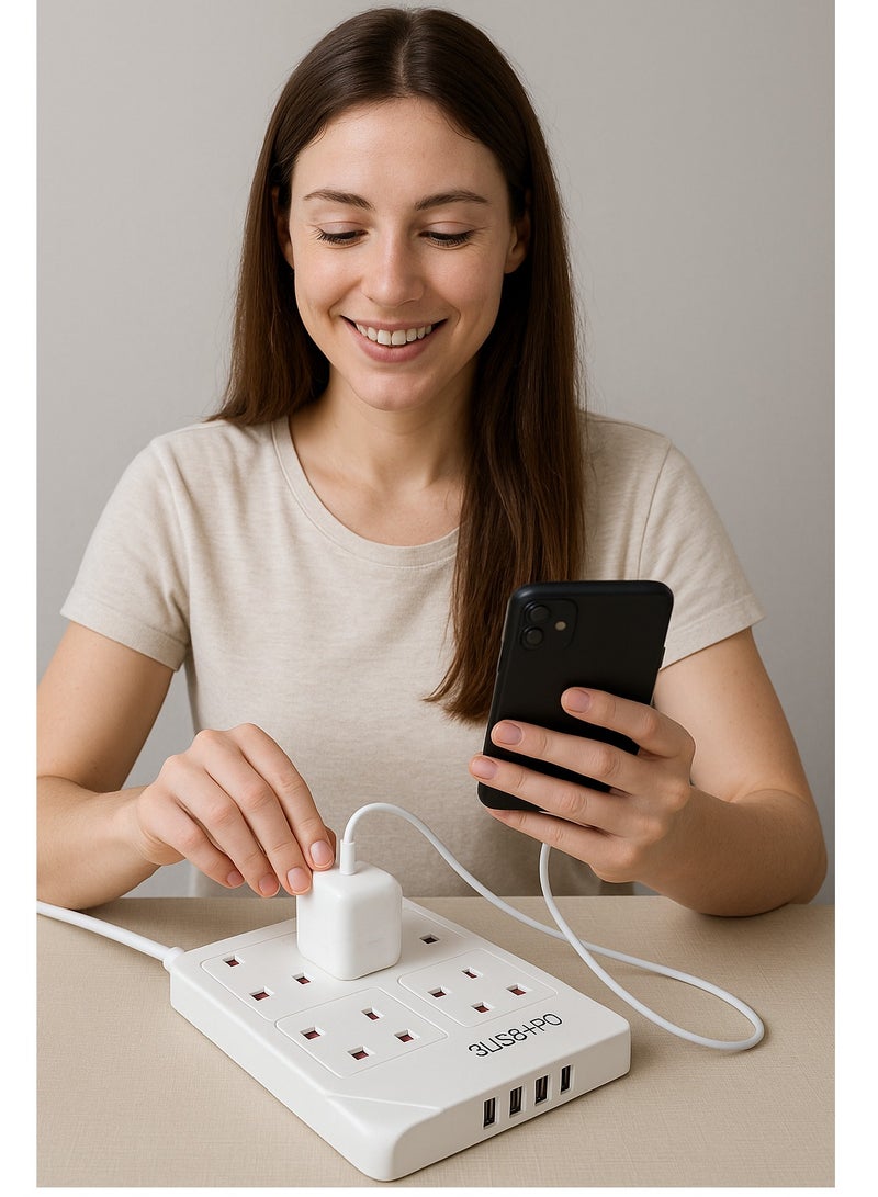 PowerMax Powermax 8-in-1 Power Socket Extension Plug – 2500W Power Strip Extension Outlet with 4 Power Socket + 3 USB + 1 PD | 10A, 100-240V | 3M Extension Cord | Fireproof Material – White  - Image 5