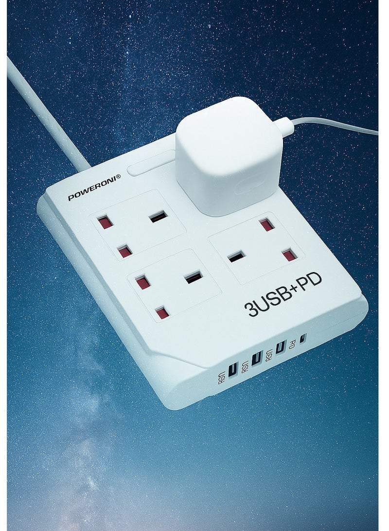 Powermax 8-in-1 Power Socket Extension Plug – 2500W Power Strip Extension Outlet with 4 Power Socket + 3 USB + 1 PD | 10A, 100-240V | 3M Extension Cord | Fireproof Material – White