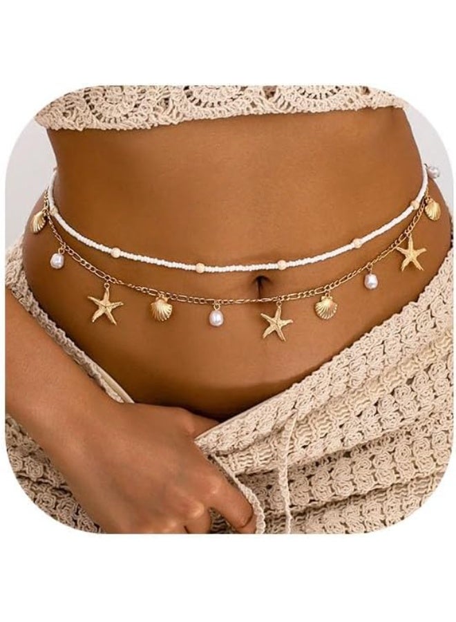YelaJoy Gold Starfish Waist Chain for Women 2Pcs Adjustable Layered Belly Chain Bohemian Shell Beaded Bikini Body Chain for Beach, Summer Festival, Vacation & Boho - Image 1
