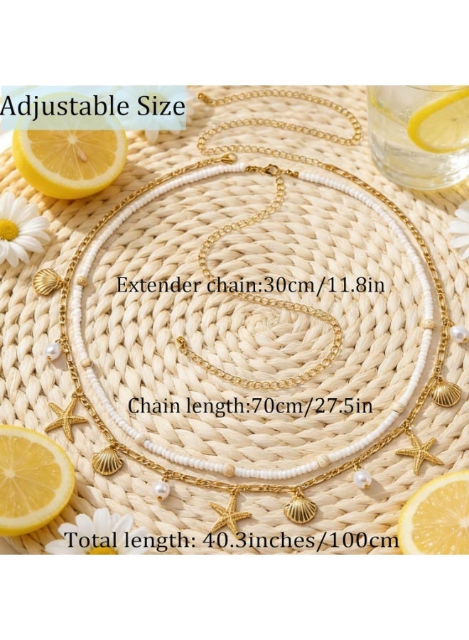 YelaJoy Gold Starfish Waist Chain for Women 2Pcs Adjustable Layered Belly Chain Bohemian Shell Beaded Bikini Body Chain for Beach, Summer Festival, Vacation & Boho - Image 5
