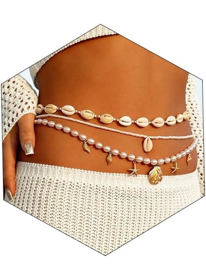 YelaJoy Gold Starfish Waist Chain for Women 2Pcs Adjustable Layered Belly Chain Bohemian Shell Beaded Bikini Body Chain for Beach, Summer Festival, Vacation & Boho - Image 3