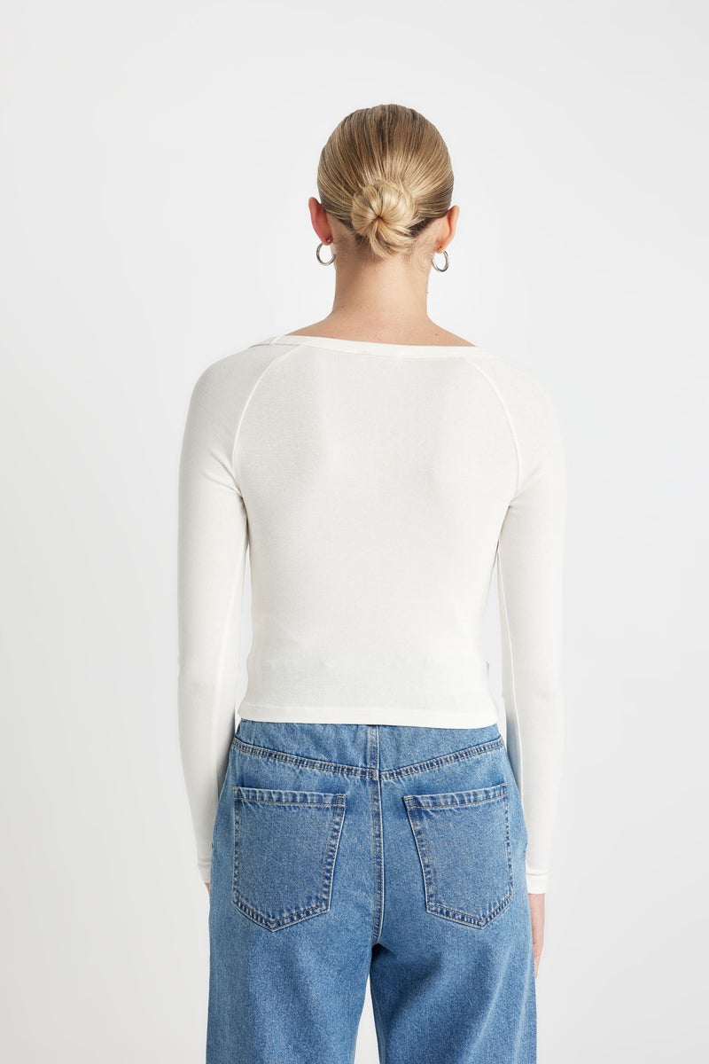 DeFacto Woman Fitted V Neck Ribbed Long Sleeve T-Shirt - Image 2