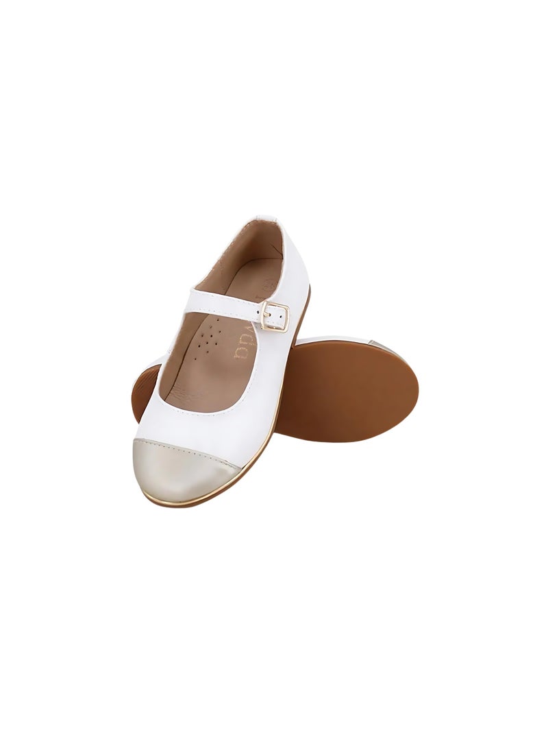 Rawda Girls White Flats with Gold Toe Cap - Image 1