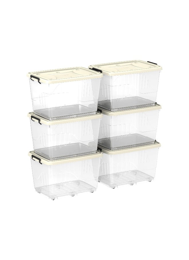 Cosmoplast 132L Clear Plastic Set of 6 Storage Box with Wheels Lockable Lid (Off White)  - Image 1