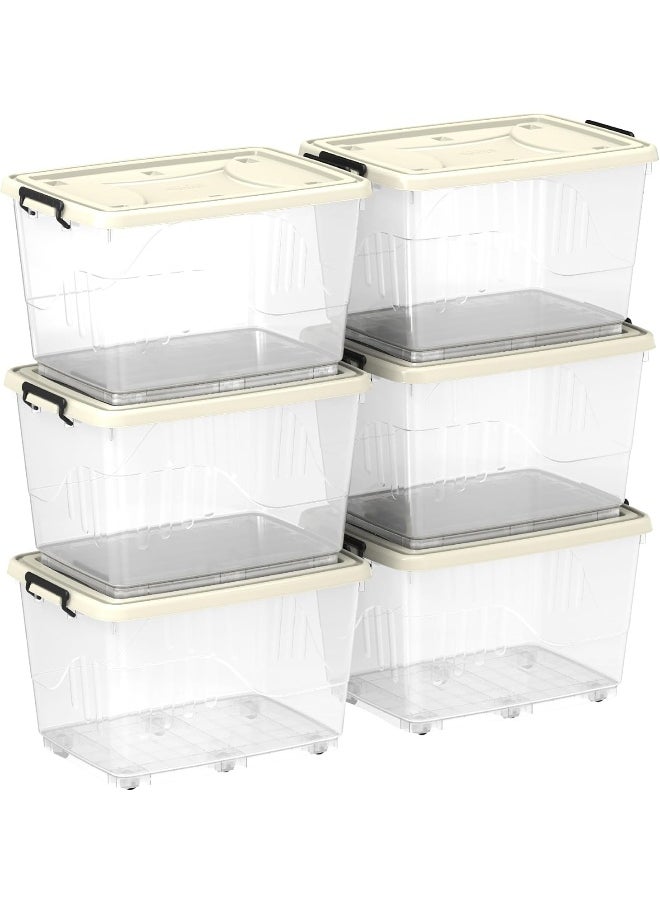 Cosmoplast 132L Clear Plastic Set of 6 Storage Box with Wheels Lockable Lid (Off White)  - Image 2