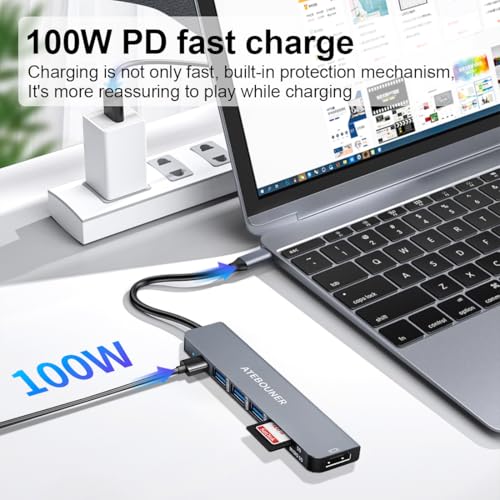 ATEBOUNER MacBook Adapter Multiport USB c hub multiport Adapter MacBook USB Adapter USB hub USB c 7 in 1 usbc dongle with 4K HDMI 100W PD USB 3.0 hub with sd Card Reader usbc hub USB Adapter for MacBook Air - Image 3
