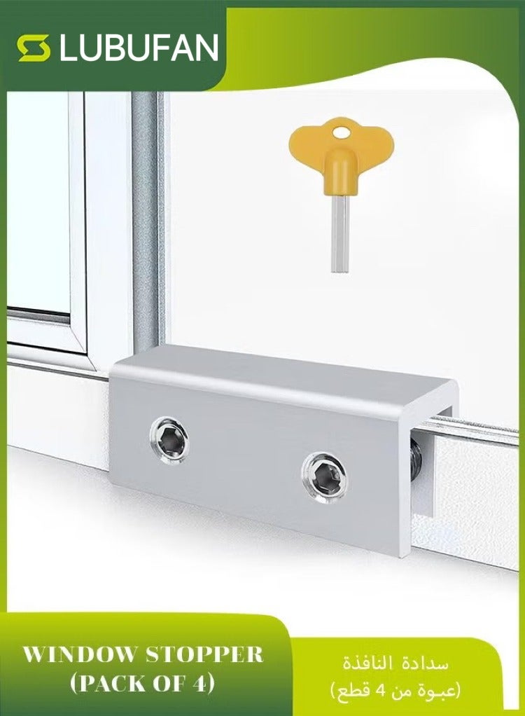 LUBUFAN 4 Sets Sliding Window Locks with Key, Window Locks, Aluminum Alloy Window Security Locks, Adjustable Security Window, Window Stoppers Aluminum (Silver) - Image 1