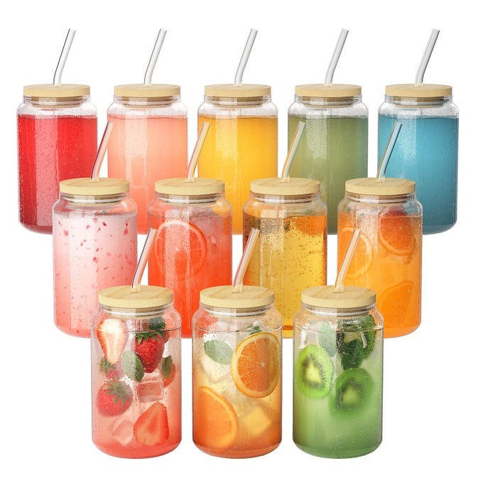 12 PACKS DRINKING GLASSES WITH BAMBOO LIDS AND GLASS STRAWS 16OZ ICED COFFEE CUP CAN SHAPED GLASS CUPS SMOOTHIE CUP GLASSES TUMBLER FOR BEER COCKTAIL MILKSHAKE TEA TRANSPARENT