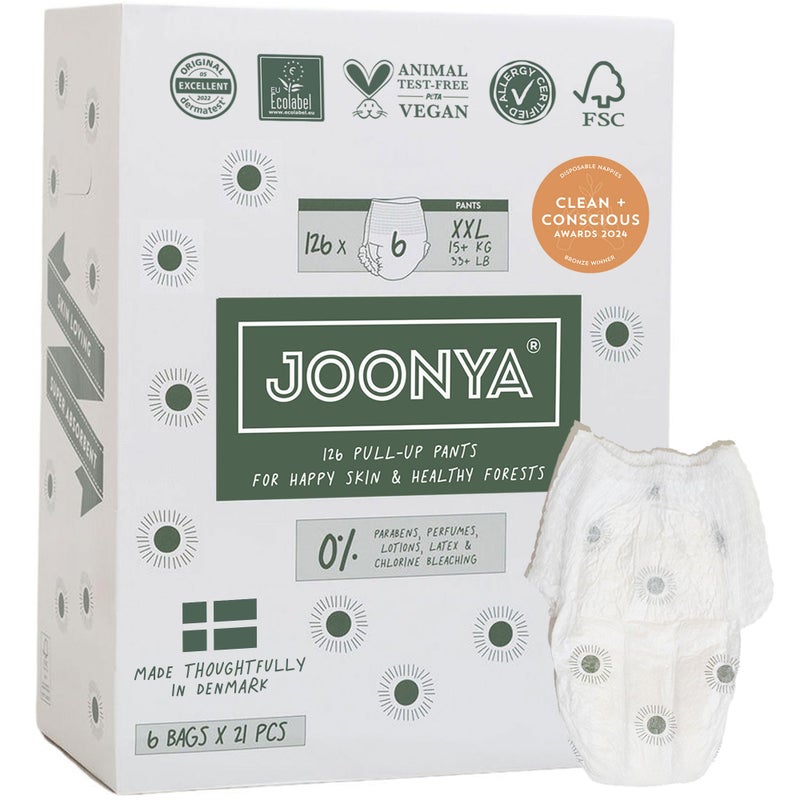 Joonya Pull-Up Pants Baby Diapers, Size 6 XXL (33+ lb) - 6 Bags of 21 (126) - Non Toxic, Eco-Friendly, High Absorbency, Overnight Use, Ultra Slim & Soft - Made in Denmark - Image 1