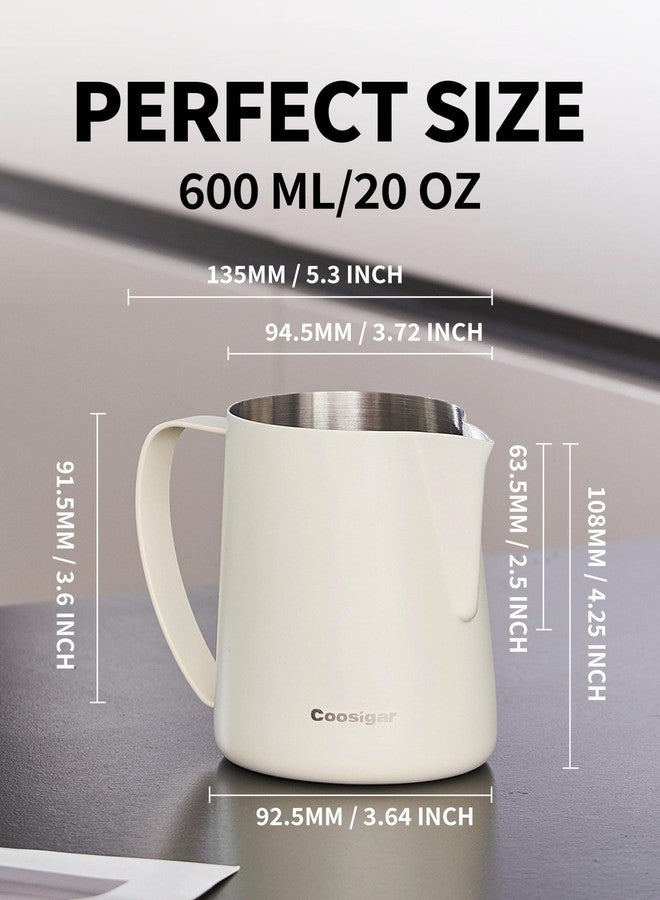 Coosigar Milk Frothing Pitcher 600ml/20oz,304 Stainless steel Espresso Steaming Pitcher,milk frother cup,Milk Jug Cup,Latte Art(cream white) - Image 4