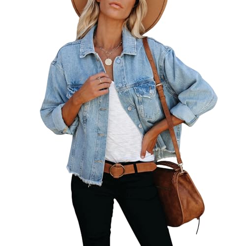 LONGBIDA Women's Jean Jacket Frayed Washed Button Up Cropped Denim Jacket With Pockets(Light Blue,XL) - Image 1