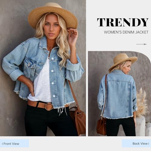 LONGBIDA Women's Jean Jacket Frayed Washed Button Up Cropped Denim Jacket With Pockets(Light Blue,XL) - Image 2
