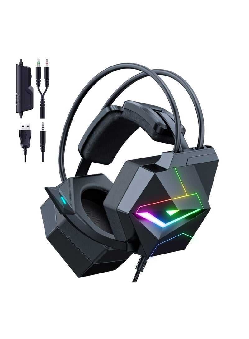 عام سماعة ألعاب خفيفة الوزن، سماعات أذن ذات أجنحة طائرة قابلة للتعديل 3.5mm مع إضاءة RGB، صوت محيطي، ميكروفون لتقليل الضوضاء، متوافقة مع PS4 PS5 Xbox One (غير شامل المحول) الكمبيوتر والهاتف المحمول - Image 1