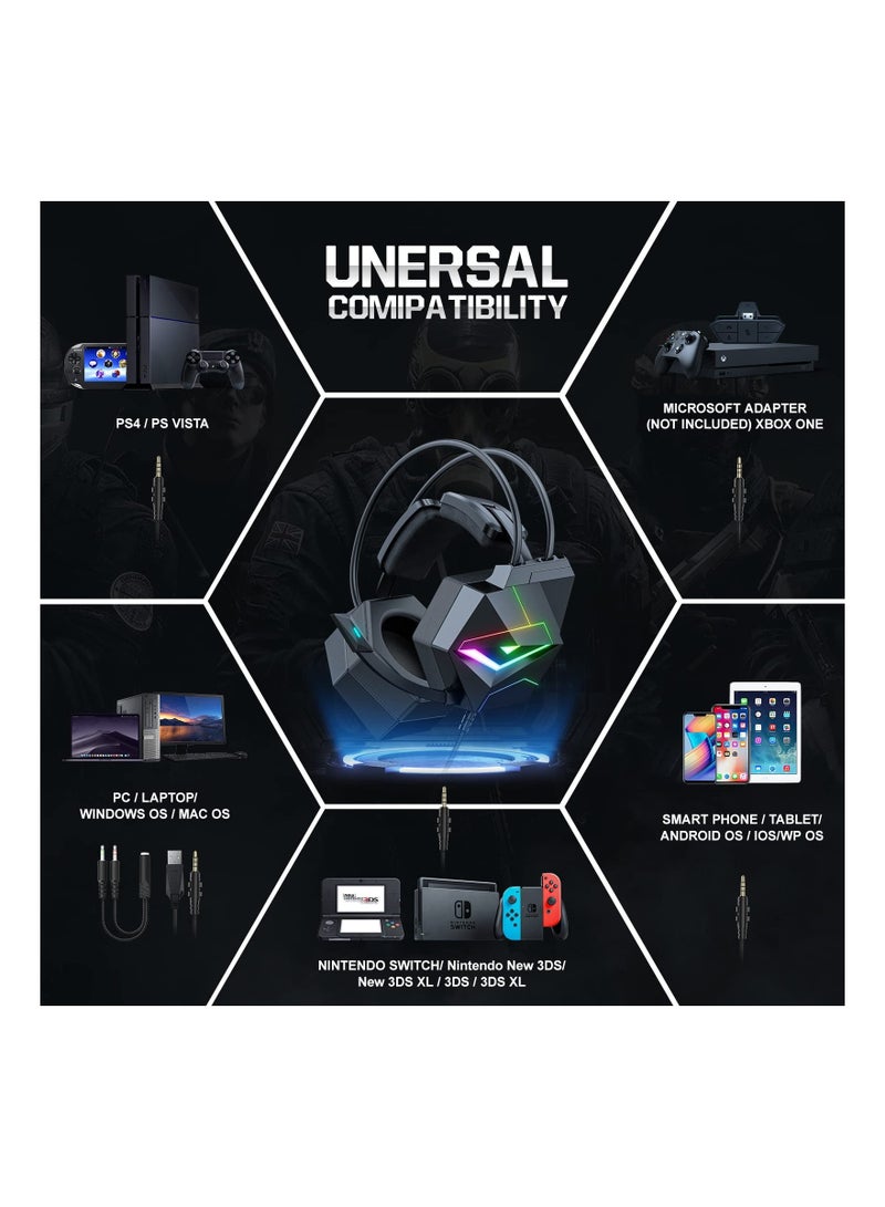 عام سماعة ألعاب خفيفة الوزن، سماعات أذن ذات أجنحة طائرة قابلة للتعديل 3.5mm مع إضاءة RGB، صوت محيطي، ميكروفون لتقليل الضوضاء، متوافقة مع PS4 PS5 Xbox One (غير شامل المحول) الكمبيوتر والهاتف المحمول - Image 5