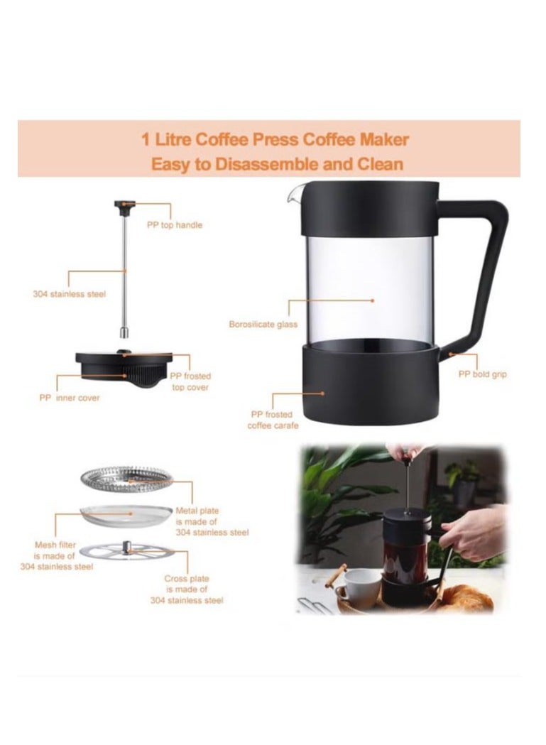 French Press Coffee Maker Coffee Tea Kettle 1 Liter Insulated Piston Tea Pot Cafetiere Coffee Cup with Filter 304 Stainless Steel Borosilicate Glass Coffee Press Durable Heat Resistant (1000ML, 34 OZ) - Image 5