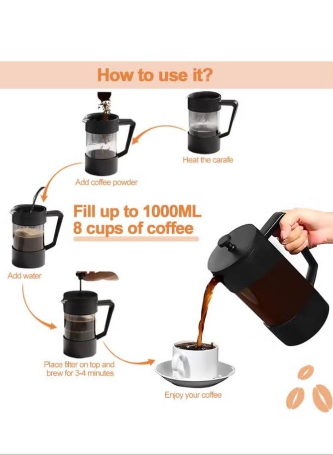 French Press Coffee Maker Coffee Tea Kettle 1 Liter Insulated Piston Tea Pot Cafetiere Coffee Cup with Filter 304 Stainless Steel Borosilicate Glass Coffee Press Durable Heat Resistant (1000ML, 34 OZ) - Image 4