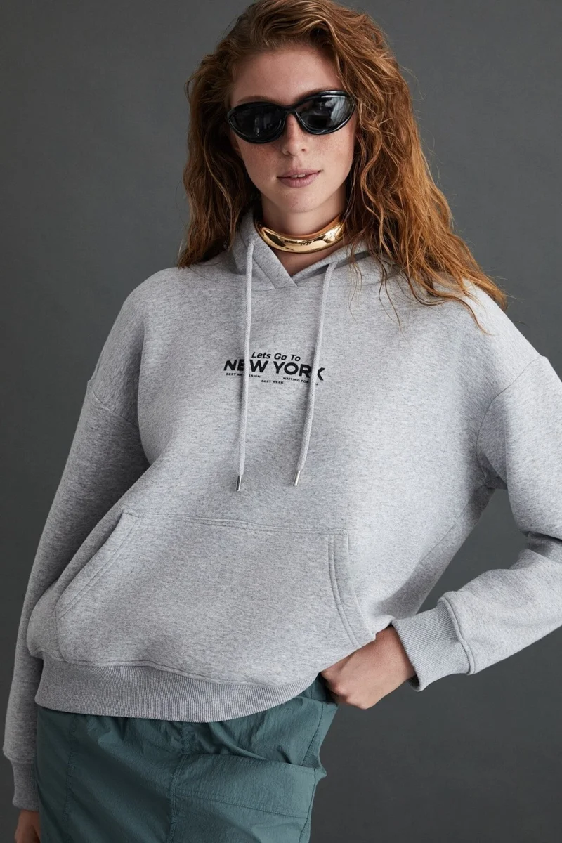 GRIMELANGE Chargelle Women's Organic Cotton Raised Regular Urban Themed Printed Hooded Grey Melange Sweatshirt