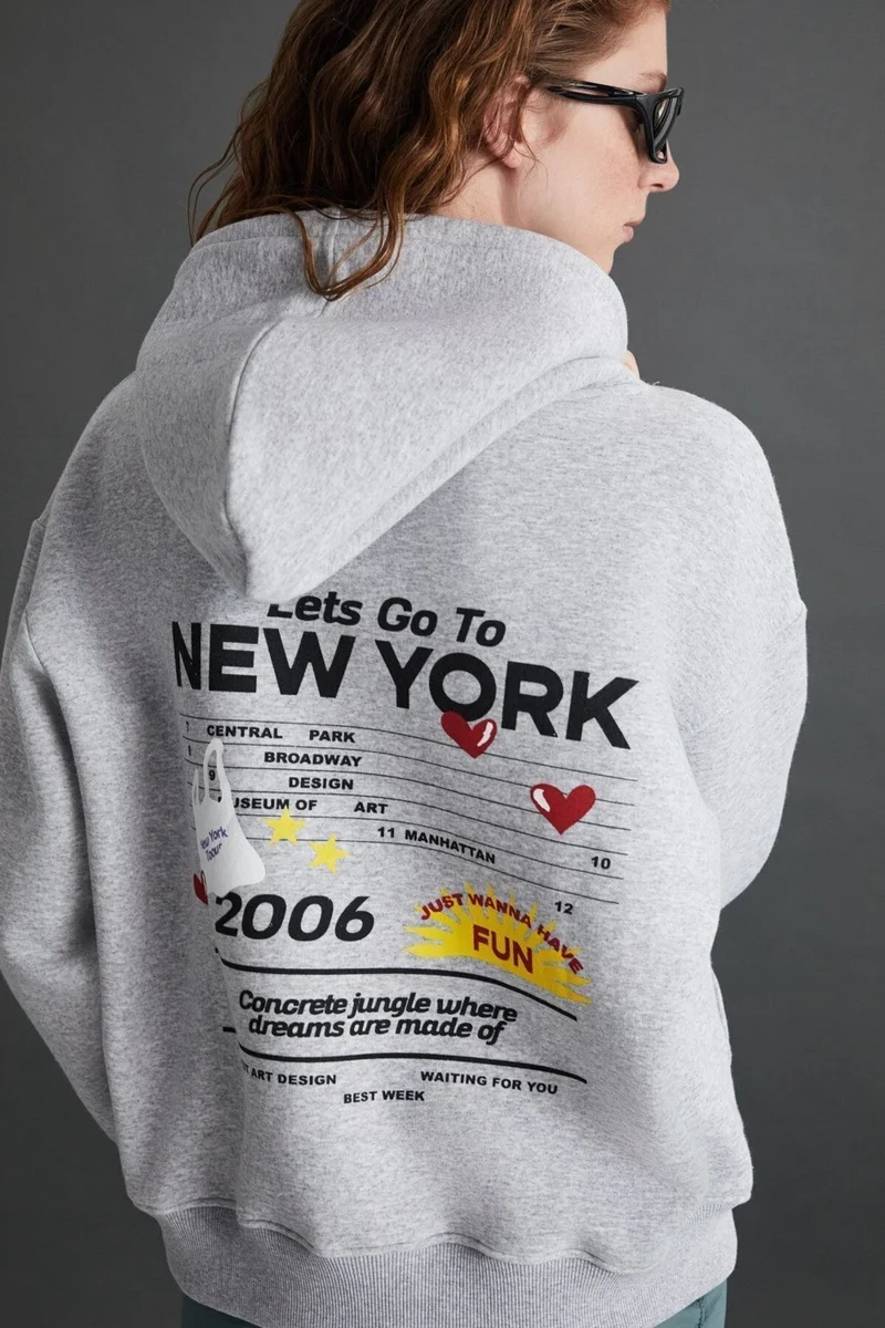 GRIMELANGE Chargelle Women's Organic Cotton Raised Regular Urban Themed Printed Hooded Grey Melange Sweatshirt