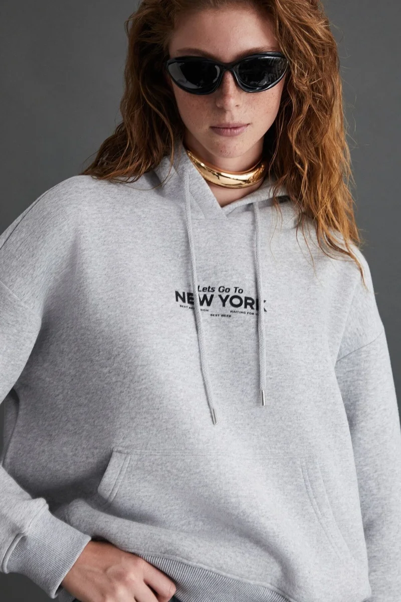 GRIMELANGE Chargelle Women's Organic Cotton Raised Regular Urban Themed Printed Hooded Grey Melange Sweatshirt