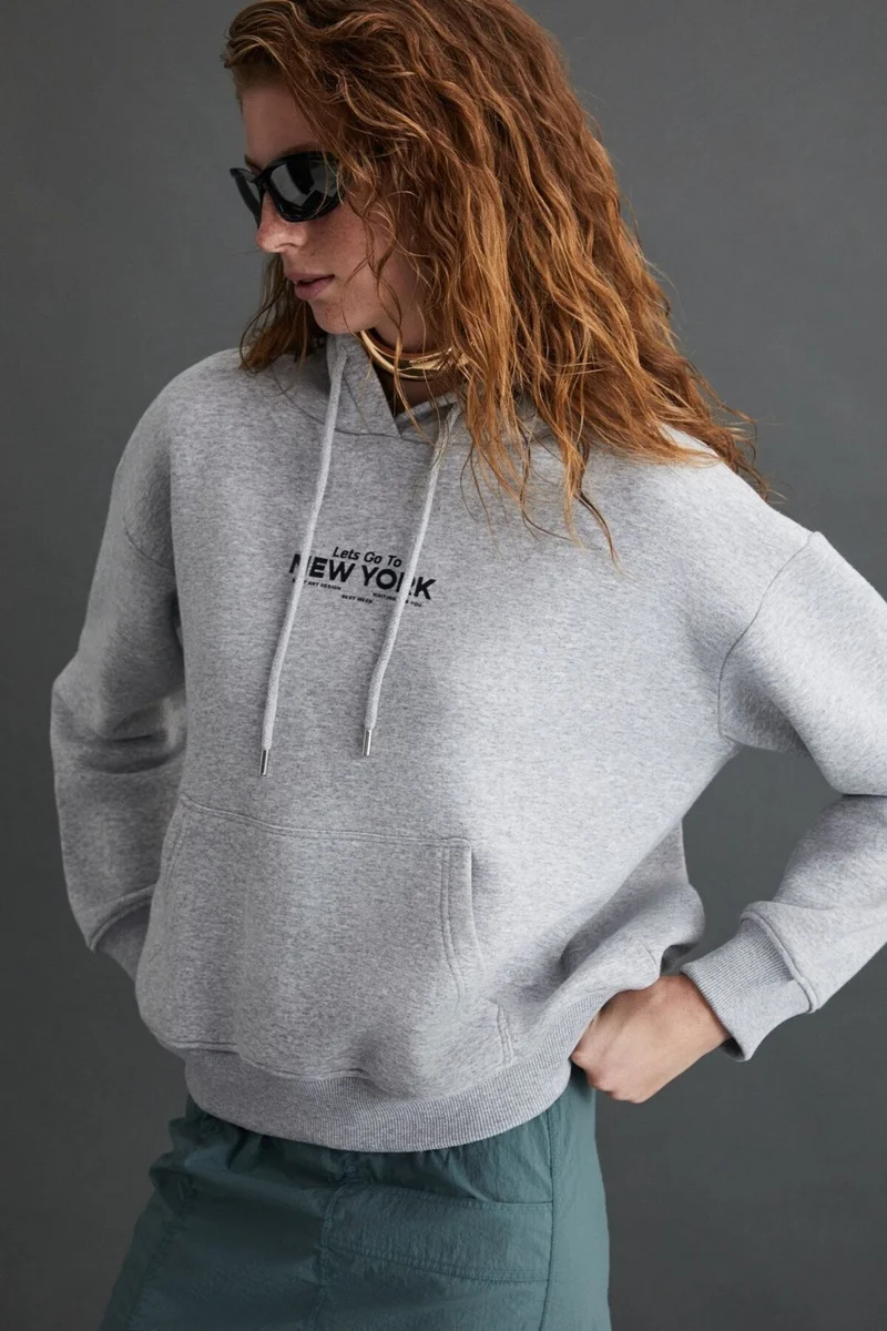 GRIMELANGE Chargelle Women's Organic Cotton Raised Regular Urban Themed Printed Hooded Grey Melange Sweatshirt